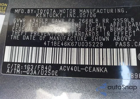 2007 Toyota Camry Le z USA, uszkodzony, nr VIN 4T1BE46K67U035229